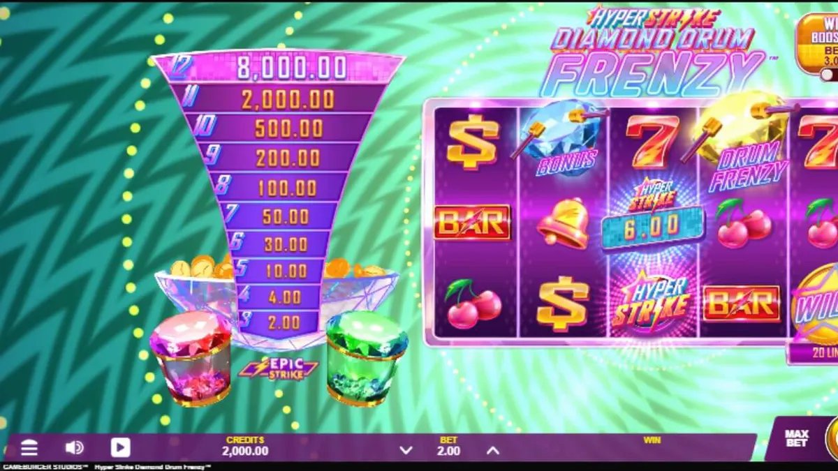 Tampilan visual neon retro dari slot Hyper Strike Diamond Drum Frenzy