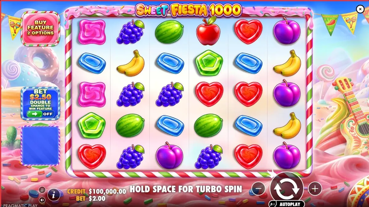 Sweet Fiesta 1000 slot game interface with candy and carnival theme